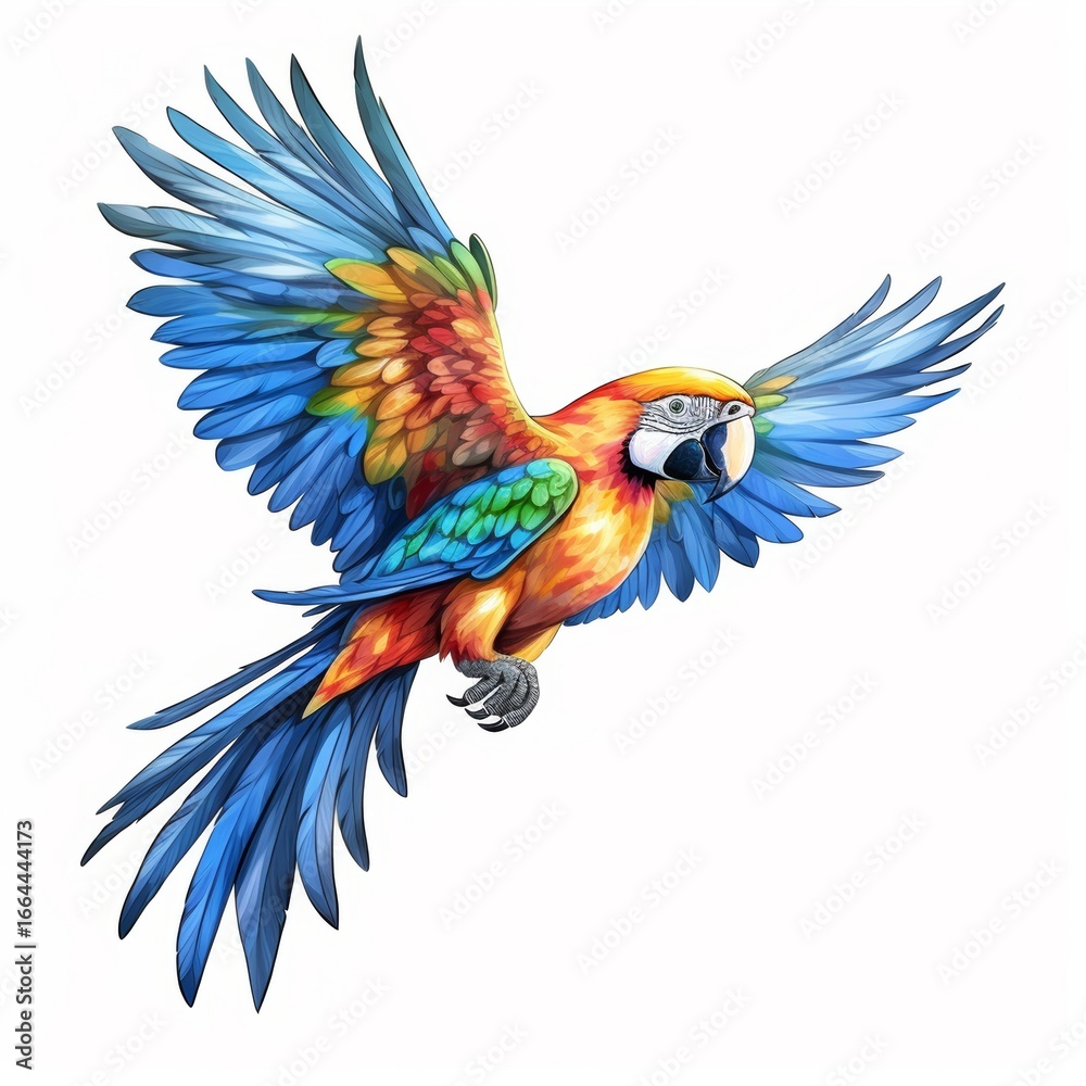 Fototapeta premium Professional-quality digital artwork of a blue and gold macaw in flight, with meticulously rendered feathers and a strong, elegant posture, on a white backdrop.