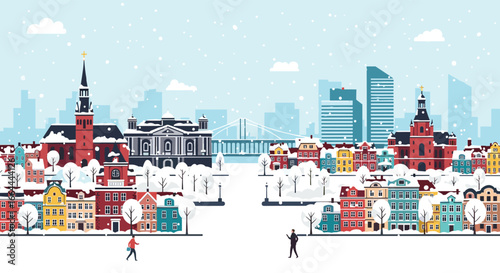 A charming winter scene of a historic european cityscape with snow falling and people enjoying the season outdoors