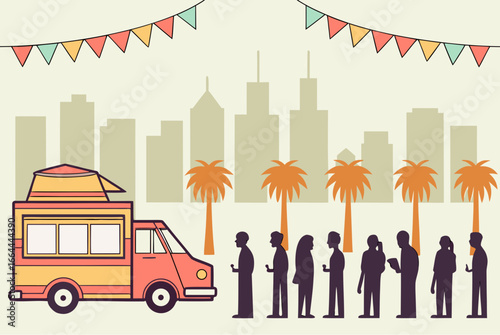 long line at a san francisco food truck festival with a banner for pre-order via app