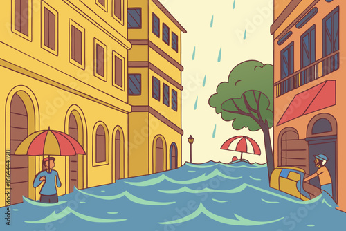 Monsoon rains flooding narrow alleys in a vibrant Indian city