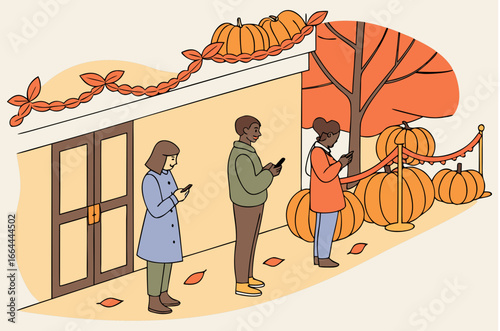 people queued for a des moines pumpkin patch with posters for buying entry passes online