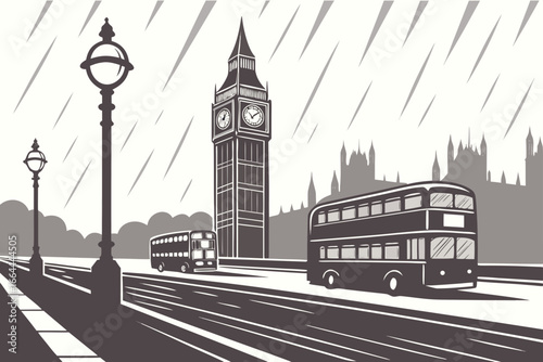 Rain-slicked London street with double-decker buses passing by Big Ben