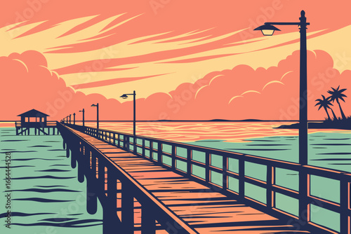 Remote island pier stretching into a turquoise horizon at dusk