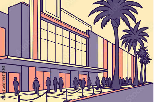 queue outside a los angeles concert venue with a billboard advertising online ticket sales