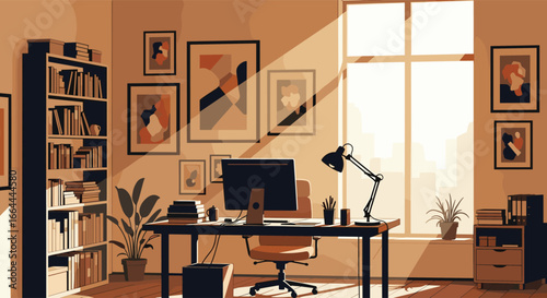 A warmly lit home office space featuring a desk with a computer and lamp surrounded by artwork and bookshelves