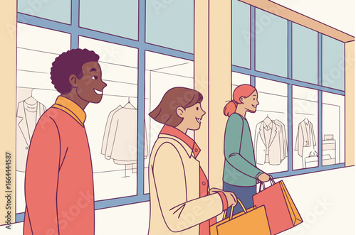 shoppers in line at a dallas outlet store with posters promoting express checkout membership