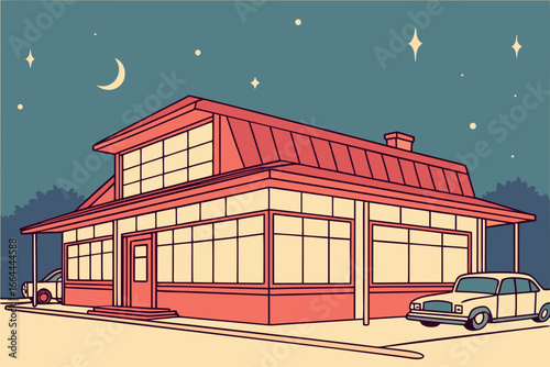 Small-town diner glowing warmly under a starry rural sky