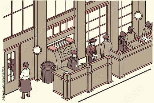 crowded post office in boston with a sign encouraging use of online postage services