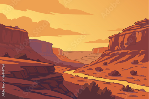 Desert canyon bathed in the deep orange glow of late afternoon