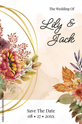 Elegant wedding invitation card template with fall floral design