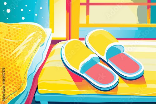 Vibrant Yellow Slippers on Bed Illustrate Cozy Morning Ambiance in Bright, Colorful Bedroom Art