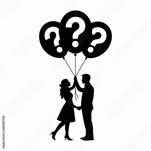 Couple Holding Question Mark Balloons Silhouette
