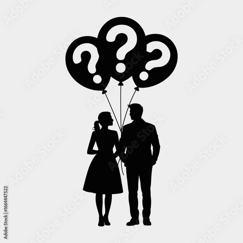Couple Holding Question Mark Balloons Silhouette