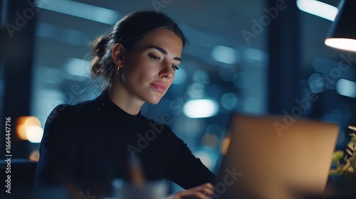 A focused woman deeply engrossed in her work illuminated by her laptop screen in a dimly lit office