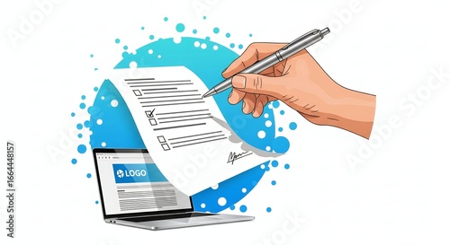 Signing Barcode Document with Pen on Laptop  Logistics and Inventory Management Concept