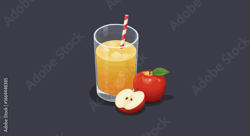 Fresh Apple Juice with Ice and Ripe Red Apples Isometric Illustration on Dark Background