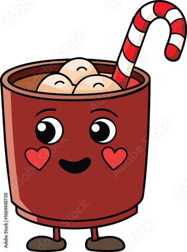 Cute Cup Of Cocoa With Marshmallows And Festive Candy Cane