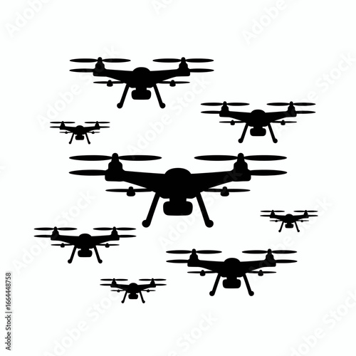 Silhouette of Multiple Drones in Flight Pattern