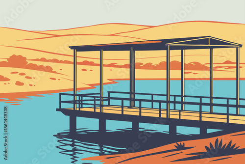 A fishing dock sits above the sparkling waters of New Mexico’s desert lake under a vivid blue sky, modern flat illustration style.