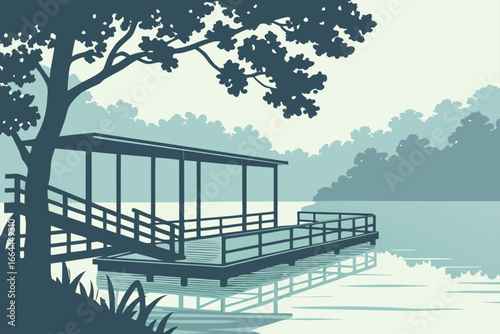 A fishing pier extends into a peaceful Arkansas lake, with mist drifting above the water in the morning light, modern flat illustration style.
