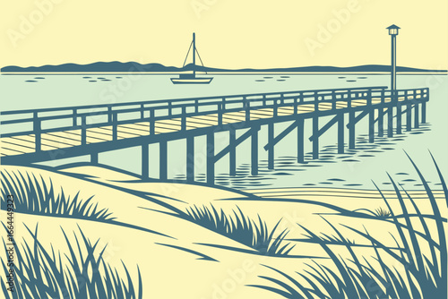 A fishing pier reaches into a calm New Jersey bay with sandy shores and tall grass, modern flat illustration style.