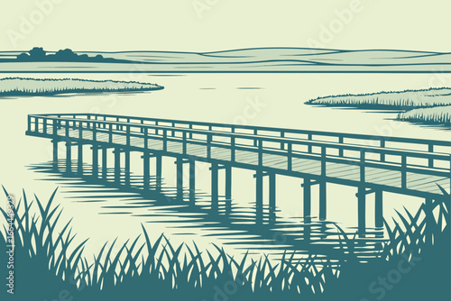 A fishing pier stands above a peaceful North Dakota lake with endless prairie stretching beyond, modern flat illustration style.