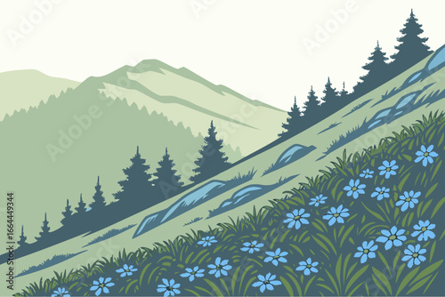 A Maine mountain slope blanketed in alpine bluets shimmers softly in the cool morning light