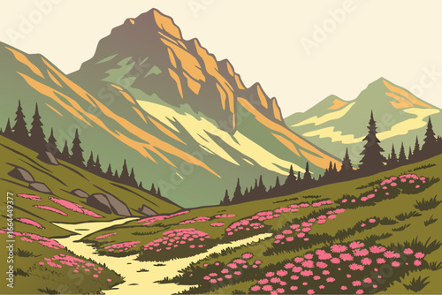 A Montana alpine pass dotted with blooming moss campion catches the first sunlight breaking over the peaks