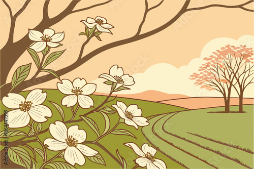 A North Carolina field of white dogwood blossoms stretches toward the horizon beneath a warm peach-toned sunrise