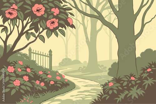 A South Carolina garden of camellias glows pink in the soft warmth of a winter sunrise