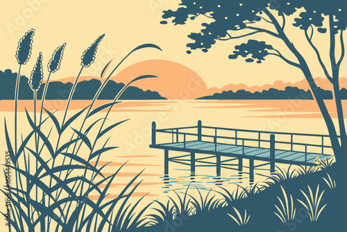 A small fishing pier sits over a shimmering Texas lake at sunset, with wildflowers and tall grass swaying in the breeze, modern flat illustration style.