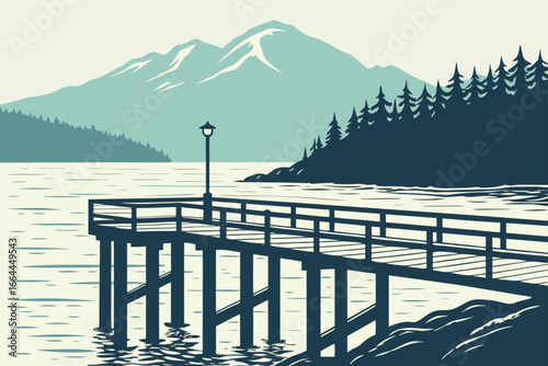 A small fishing pier stands above the shimmering waters of Alaska’s coast, with glaciers and pine forests in the distance, modern flat illustration style.