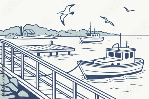 A small pier juts into a calm Massachusetts harbor with lobster boats and seagulls nearby, modern flat illustration style.