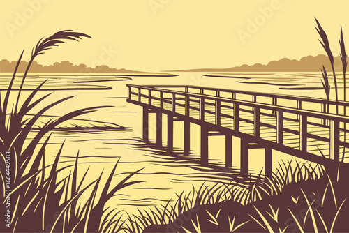 A weathered dock sits above South Carolina’s tidal marshlands at sunrise, framed by reeds and gentle waves, modern flat illustration style.