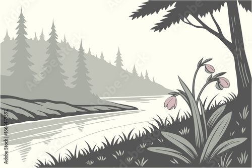 A tranquil Minnesota lakeshore edged with pink lady’s slippers awakens under a misty dawn sky