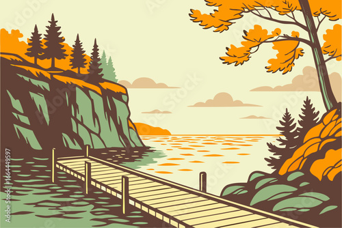 A weathered dock extends into the serene waters of Minnesota’s North Shore, framed by rocky cliffs and autumn colors, modern flat illustration style.