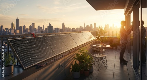 Setting up balcony plug-in solar panels on an urban apartment balcony with plants and comfortable seating during golden hour sustainably