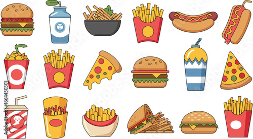 Vibrant collection of popular fast food items and drinks