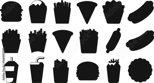 Collection of black silhouette icons representing popular fast food items