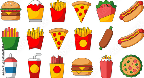 A vibrant collection of popular fast food items, including burgers, fries, hot dogs, and pizza slices.