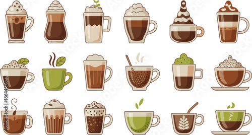A vibrant collection of assorted hot beverages, featuring coffee and tea drinks with decorative toppings.