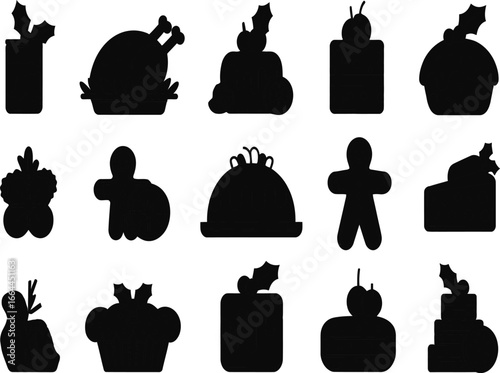 Festive Christmas food silhouettes including turkey, puddings, and cakes