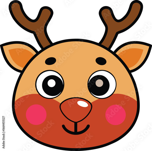 Cute Cartoon Reindeer Face with Antlers for Christmas Design