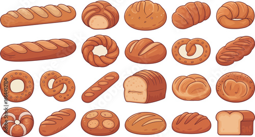 A delightful assortment of freshly baked breads and pastries, showcasing various textures and shapes.