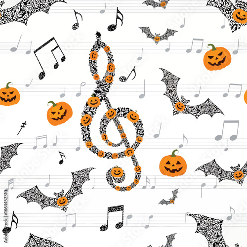 Seamless Pattern, Festive Halloween music seamless pattern with pumpkins, bats, and musical notes Stock royalty free image.