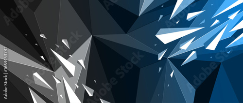 Low poly dark vector abstract background with dynamic particles in chaos, broken debris explosion mess polygonal abstraction, 3D structure dynamism.