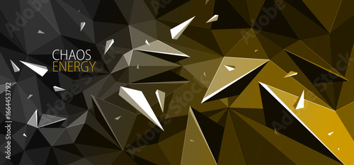 Chaos energy dynamic vector abstract background, low poly surface with decay elements particles in motion, triangular geometric abstraction, 3D art.