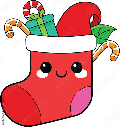 Red Christmas Stocking with Gifts and Candy Cane in Cute Cartoon Style