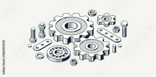 Mechanical engineering concept, gears and cogs composition isometric 3D vector illustration, cogwheels system technology and technics machinery engine.