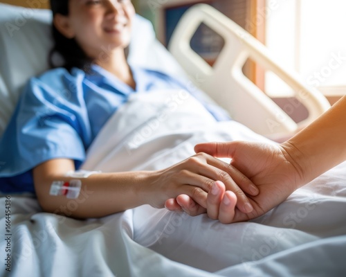 A caring hand holds a patients hand in a hospital bed, offering comfort and support during recovery